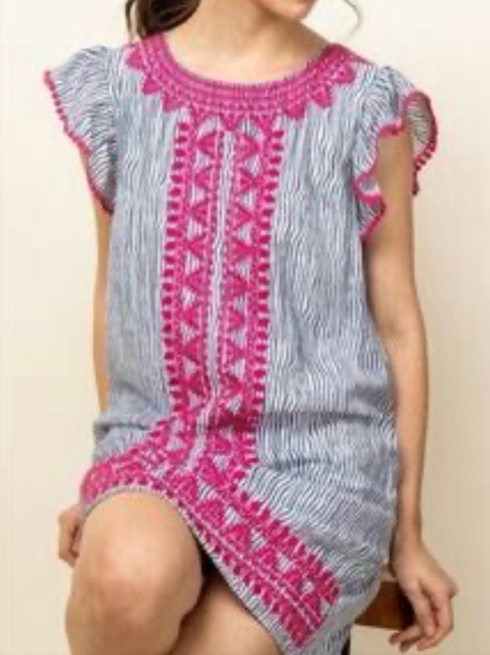 THML by Anthropologie Women’s' Navy Stripe Dress with Pink Crochet Trim